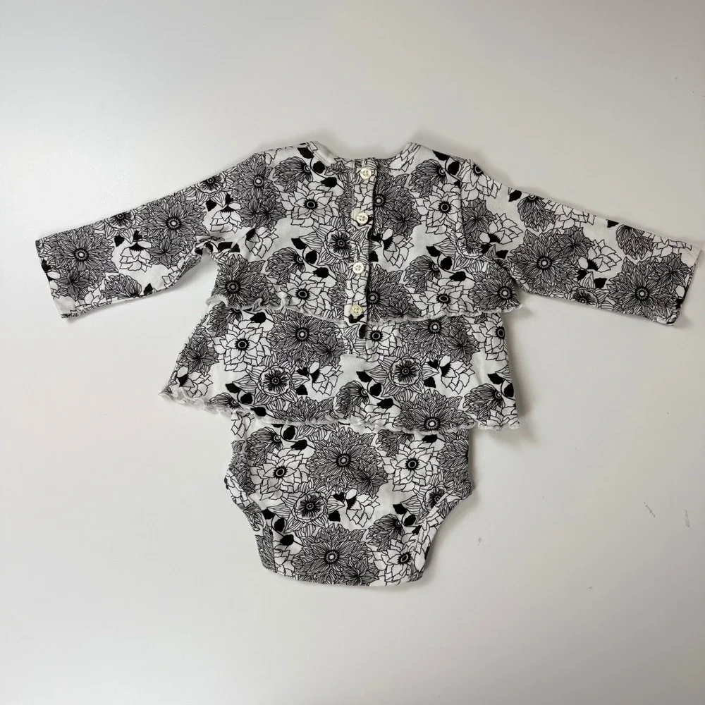 Kate Quinn 12-18M Organic Cotton Floral Ruffle Long Sleeve Bodysuit Black White